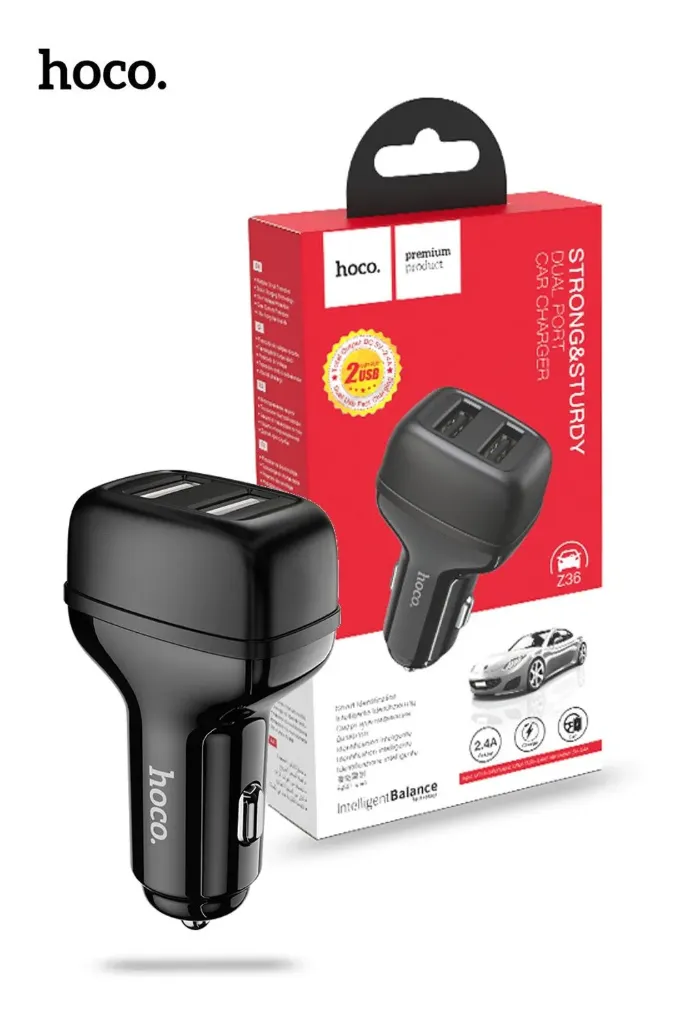 [10010501] HOCO Z36 Dual USB-A Car Charger With Lightning Cable - Black