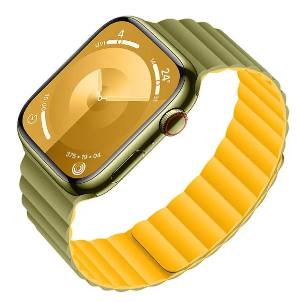 [10015854] Hoco Apple Watch Flexible Series Buckle Free Magnetic Silicone Strap 42/44/45/49 mm - Army Green With Bright Yellow